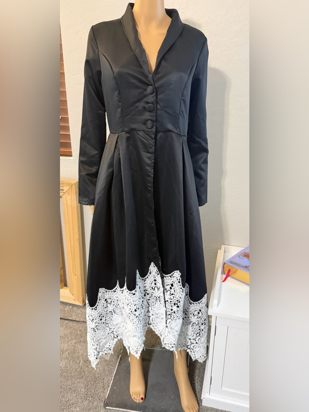 $12 Gothic Black Midi Dress with White Lace Hem Coat New. $12 WHEN BUNDLED WITH